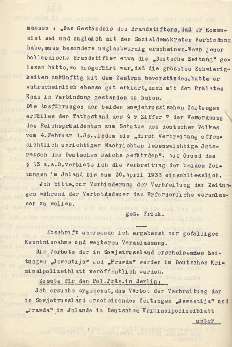 Verbot der Verbreitung der sowjetrussischen Zeitungen „Iswestija“ und „Prawda“ im Inland
