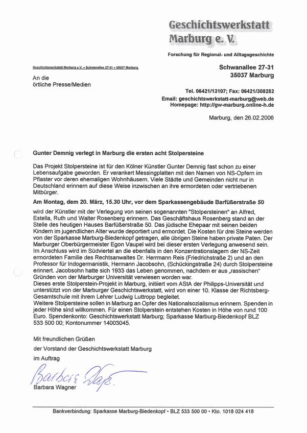 Presseerklärung der Geschichtswerkstatt Marburg zur ersten "Stolperstein"-Verlegung in Marburg im März 2006