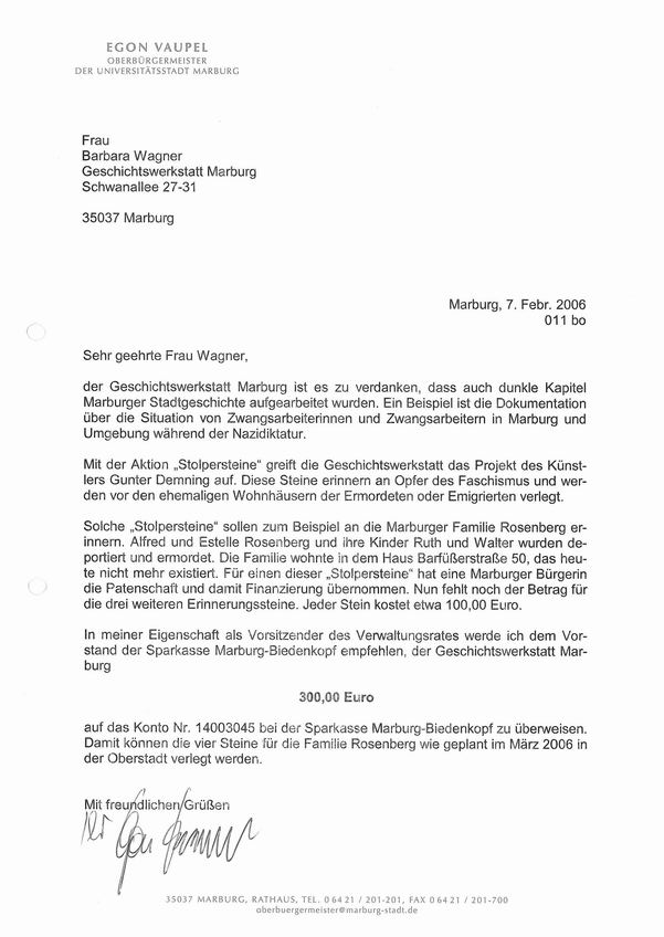 Schreiben des Oberbürgermeisters der Stadt Marburg betr. Übernahme von Patenschaften für Stolpersteine