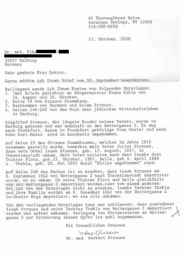 Schreiben von Dr. Herbert Strauss an eine Vertreterin des Arbeitskreises Stolpersteine zur Planung weiterer "Stolperstein"-Verlegungen