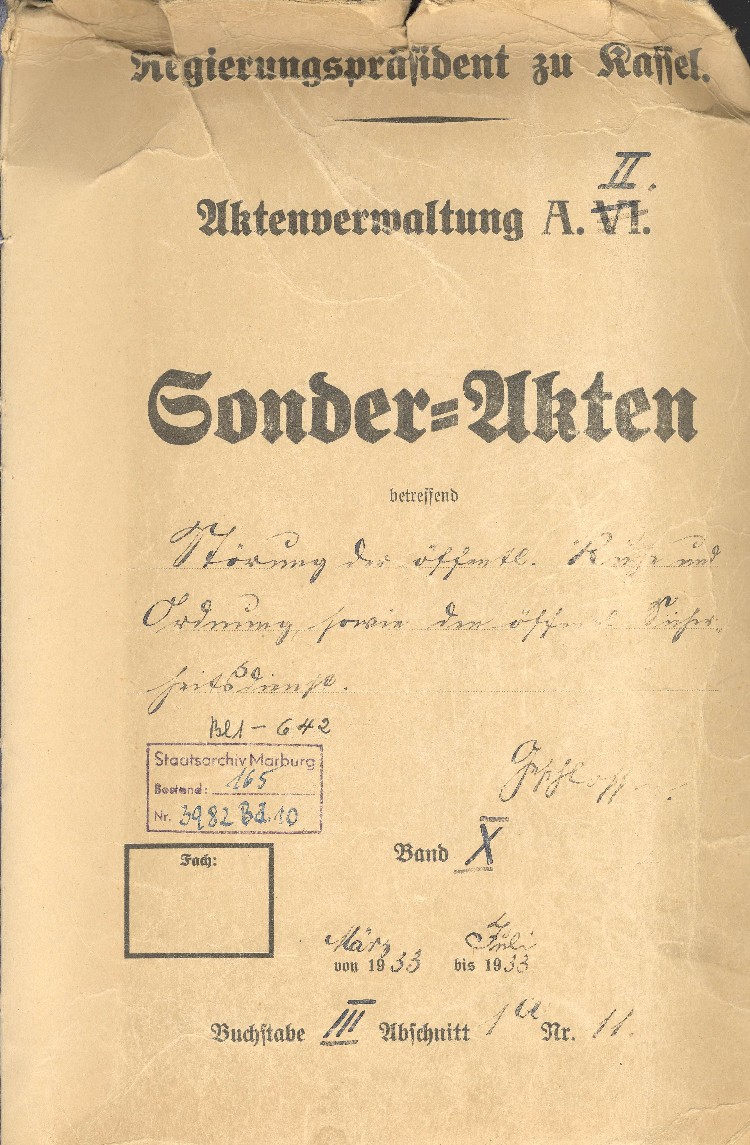 Aktendeckel: Sonderakten betreffend Störung der öffentlichen Ruhe und Ordnung sowie den öffentlichen Sicherheitsdienst , Bde. X und XI