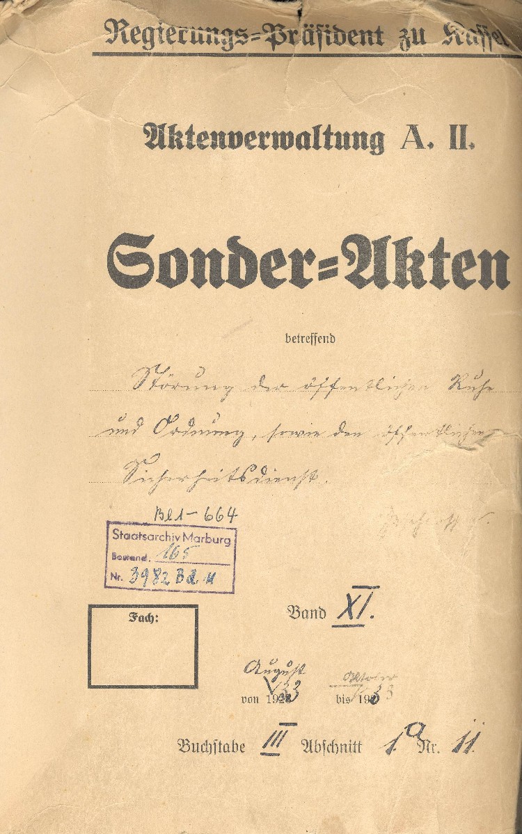 Aktendeckel: Sonderakten betreffend Störung der öffentlichen Ruhe und Ordnung sowie den öffentlichen Sicherheitsdienst , Bde. X und XI