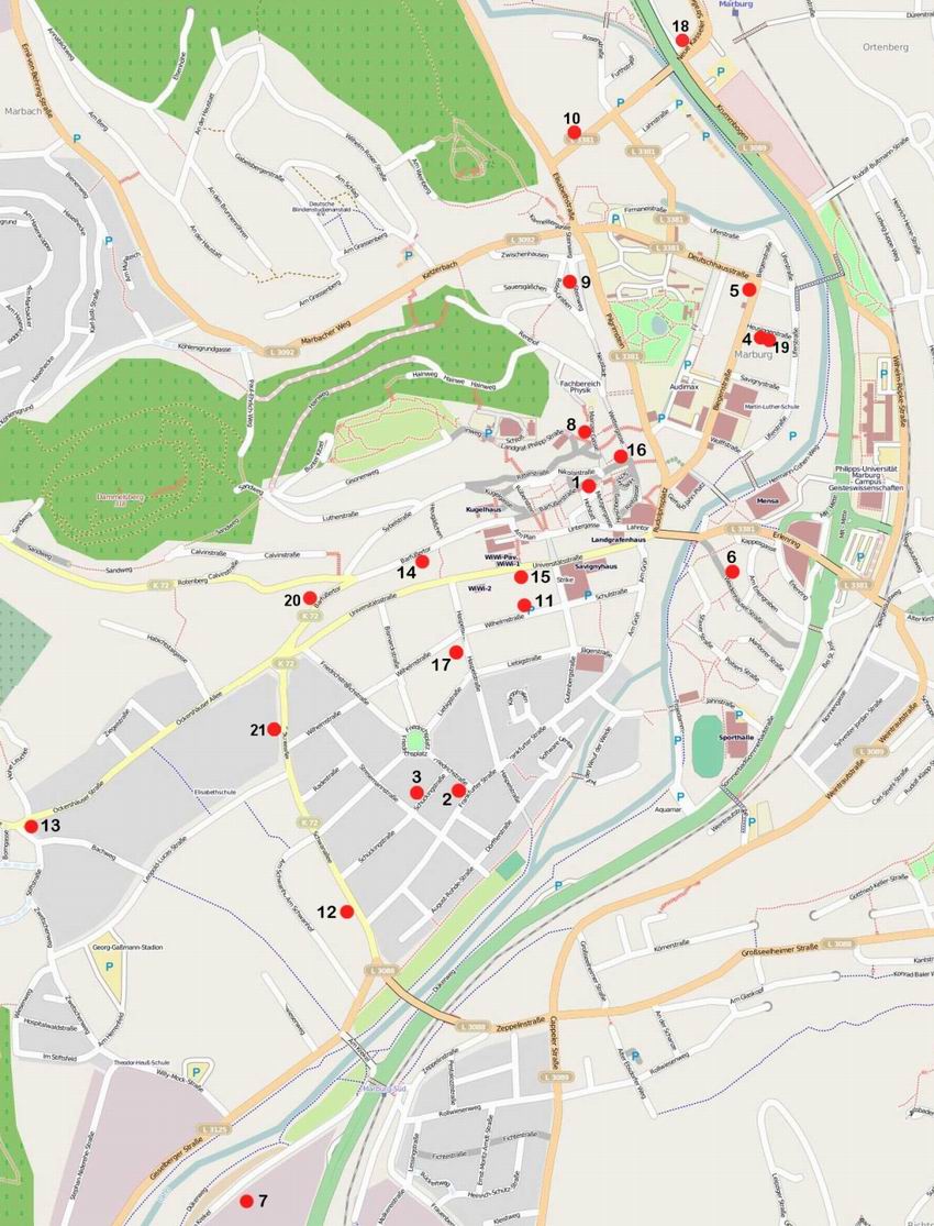 Karte der Stadt Marburg mit Darstellung der verlegten Stolpersteine (Stand 2010)