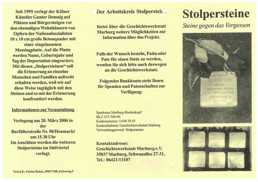 Flyer des Marburger Arbeitskreises Stolpersteine zur ersten Stolperstein-Verlegung in Marburg am 20. März 2006