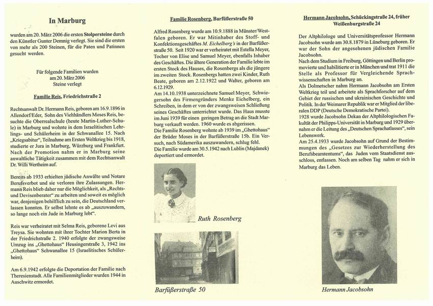 Flyer des Marburger Arbeitskreises Stolpersteine zur ersten Stolperstein-Verlegung in Marburg am 20. März 2006