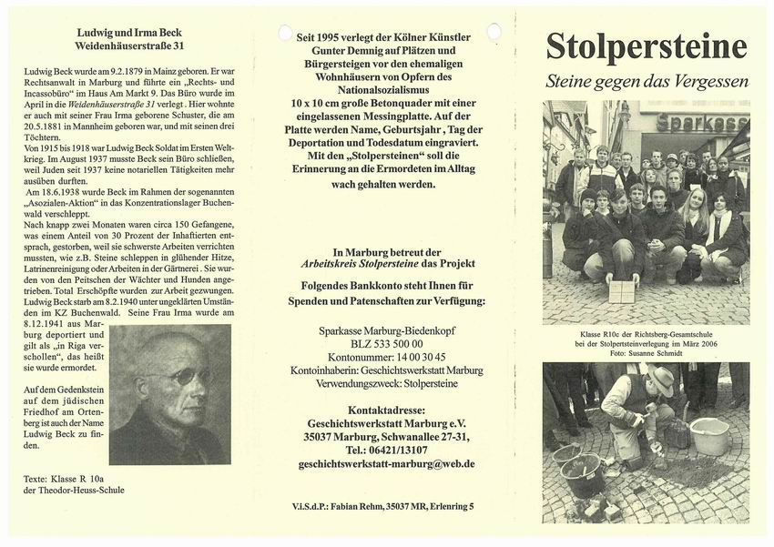 Flyer des Marburger Arbeitskreises Stolpersteine zur zweiten Stolperstein-Verlegung am 16. November 2006