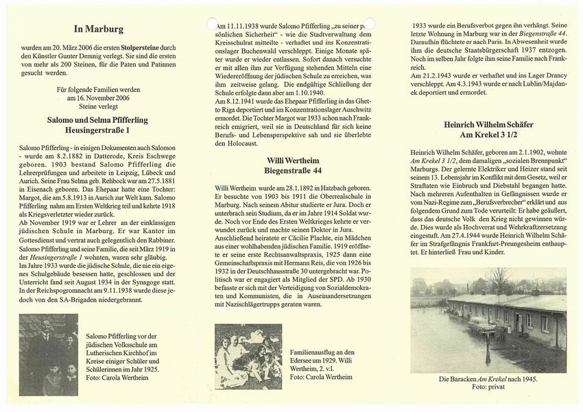 Flyer des Marburger Arbeitskreises Stolpersteine zur zweiten Stolperstein-Verlegung am 16. November 2006