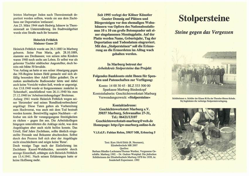 Flyer des Marburger Arbeitskreises Stolpersteine zur dritten Stolperstein-Verlegung am 1. März 2007