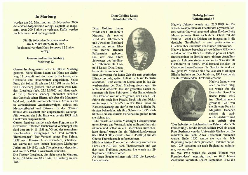Flyer des Marburger Arbeitskreises Stolpersteine zur dritten Stolperstein-Verlegung am 1. März 2007
