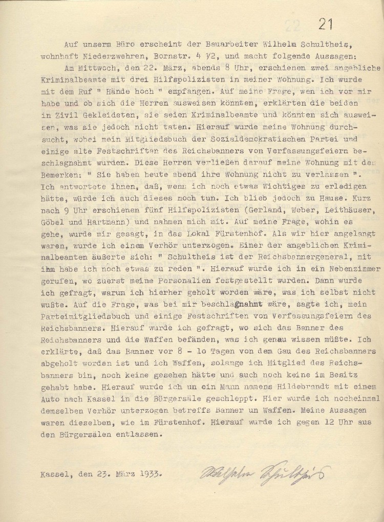 Aussage über Misshandlungen durch Angehörige der NSDAP 
(Anlage zum Schreiben des SPD Bezirksverband Hessen-Kassel an den Regierungspräsidenten in Kassel v. Monbart)