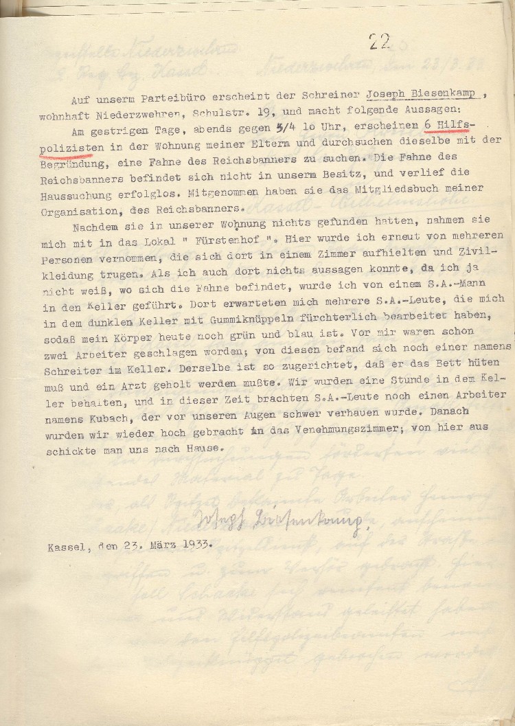 Aussage über Misshandlungen durch Angehörige der NSDAP
(Anlage zum Schreiben des SPD Bezirksverband Hessen-Kassel an den Regierungspräsidenten in Kassel v. Monbart)