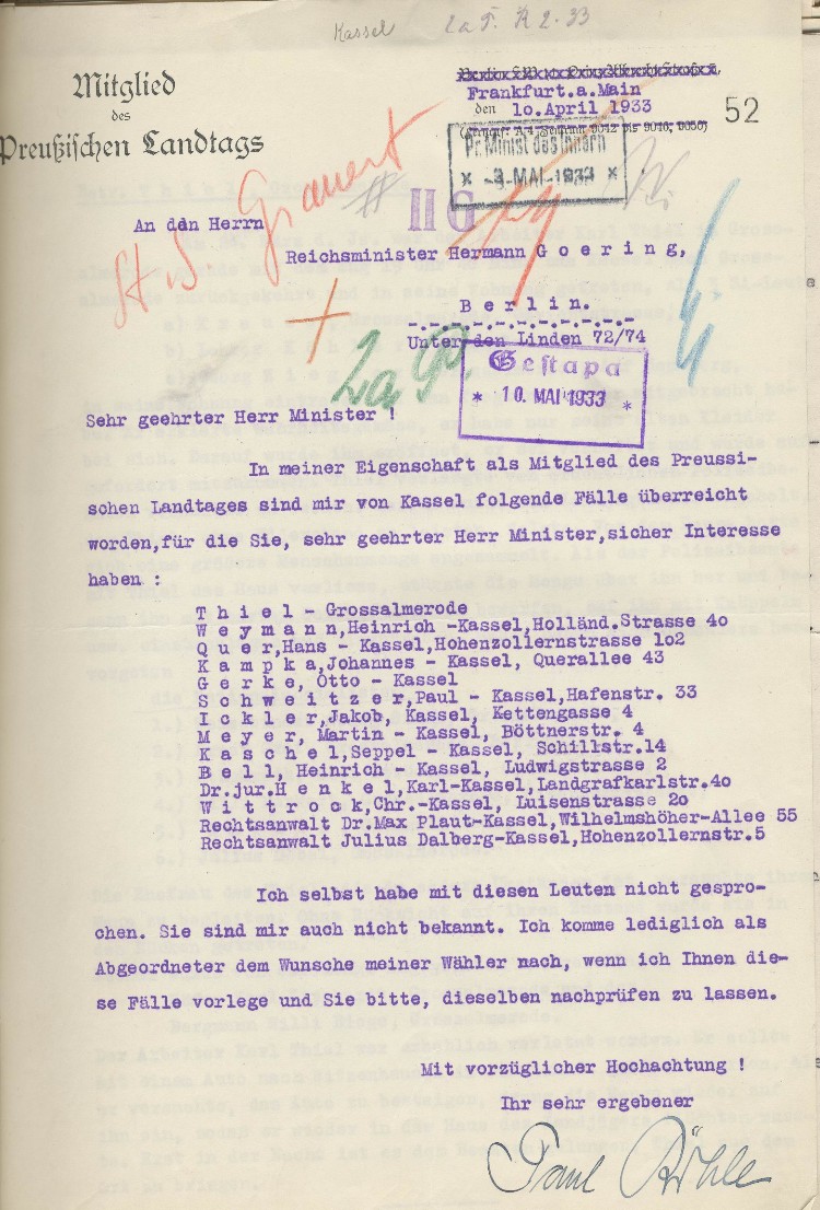 Schreiben an Reichsminister Hermann Goering, Berlin, mit der Bitte um Nachprüfung von „Fällen“ in Kassel [SA-Terror in Kassel am 24.03.1933] (12 Anlagen)