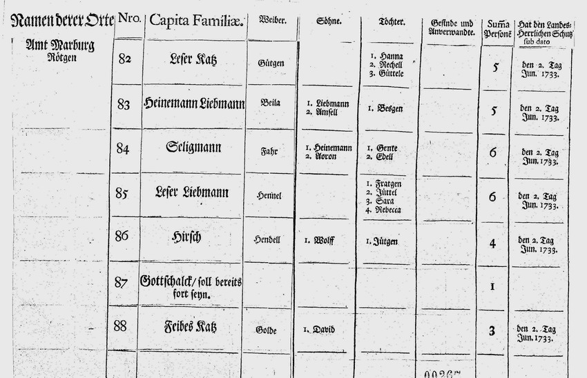 Übersicht über die in der Landgrafschaft Hessen (ohne Hanau) lebenden Juden,1744