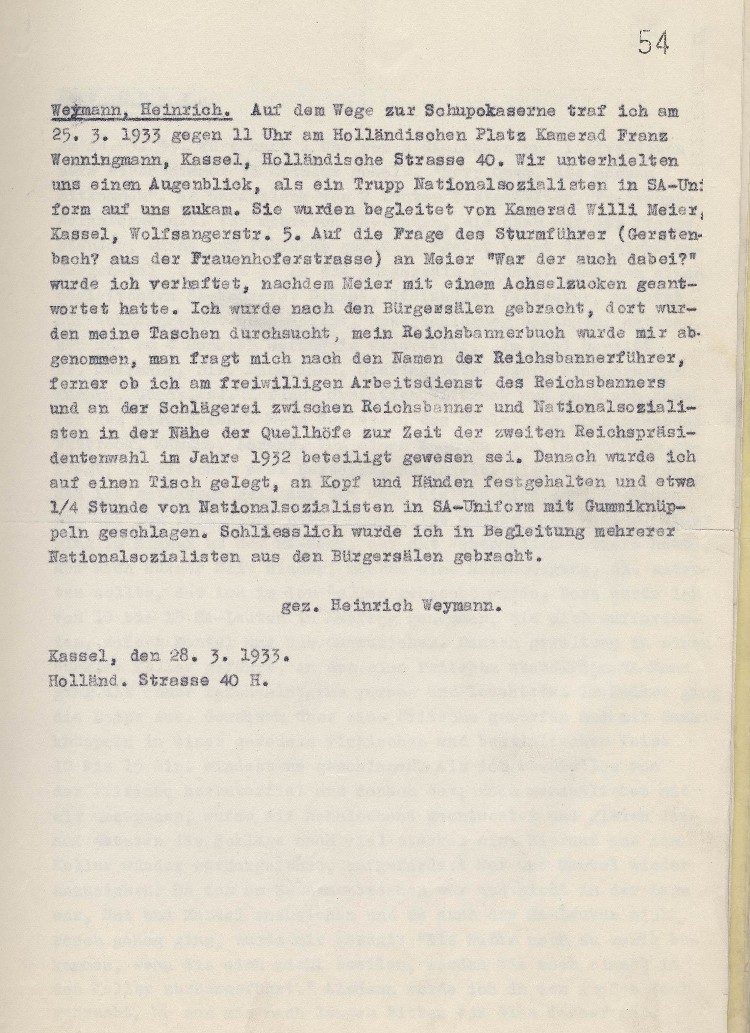 Beschreibung der Misshandlungen vom 24.3.1933 in Aufzeichnungen vom 28.03.1933 (Anlage zum Schreiben MdL Paul Röhle vom 10.04.1933)
