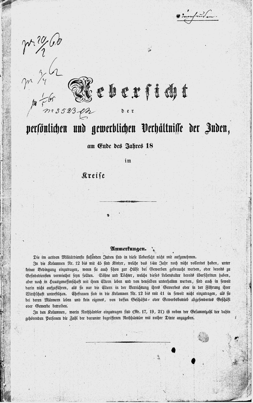 Gewerbestatistik (1): Übersichten über die persönlichen und gewerblichen Verhältnisse der Juden von Roth,  1853-1865 [hier: 1853 und 1860]