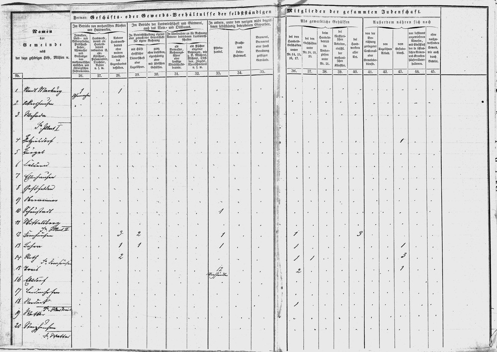 Gewerbestatistik (2): Übersichten über die persönlichen und gewerblichen Verhältnisse der Juden von Roth, 1853-1865 [hier: 1858]