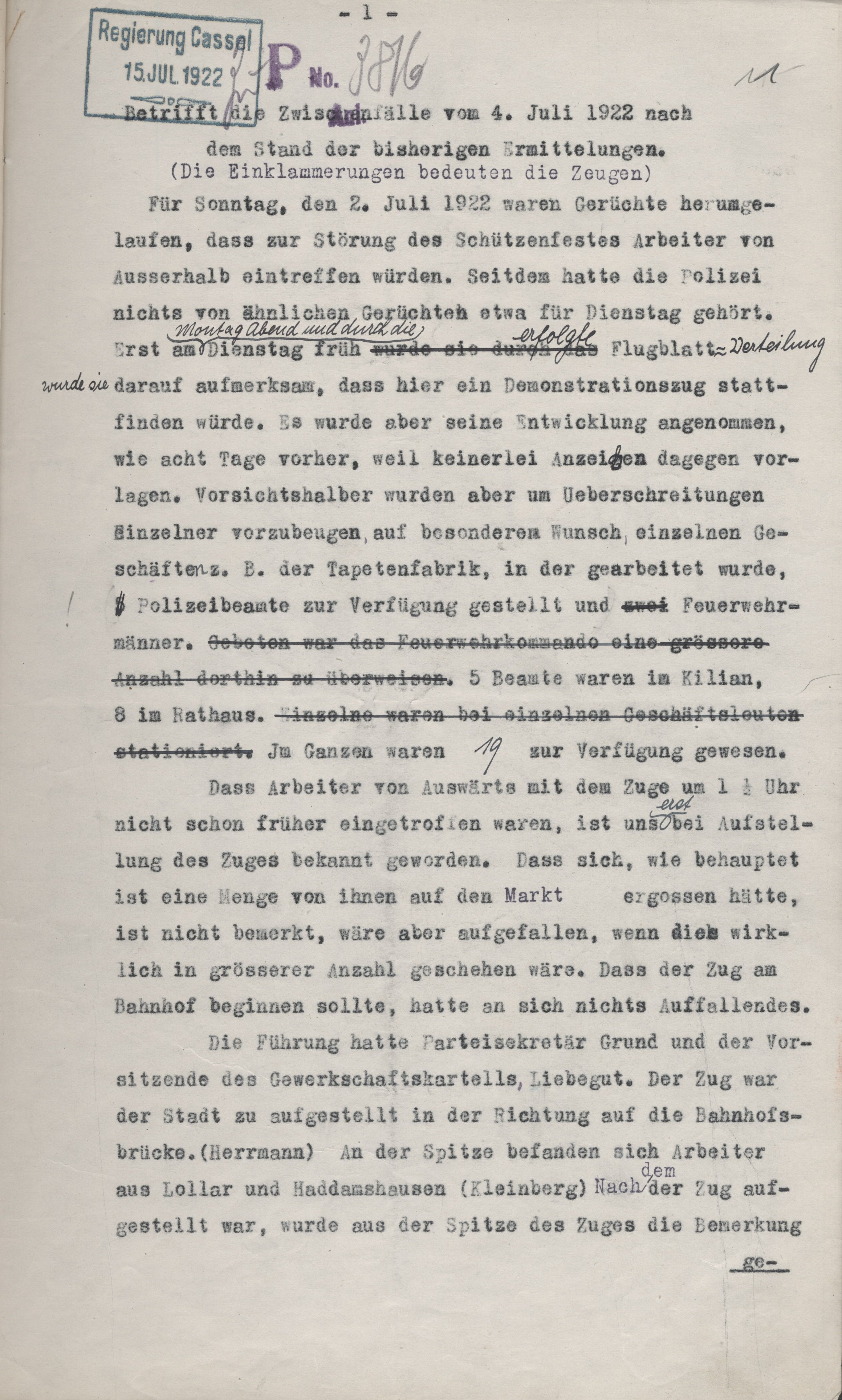 Marburger Demonstration gegen den Rathenaumord vom 4. Juli 1922.  Bericht des Marburger Oberbürgermeisters Paul Troje vom 10. Juli 1922