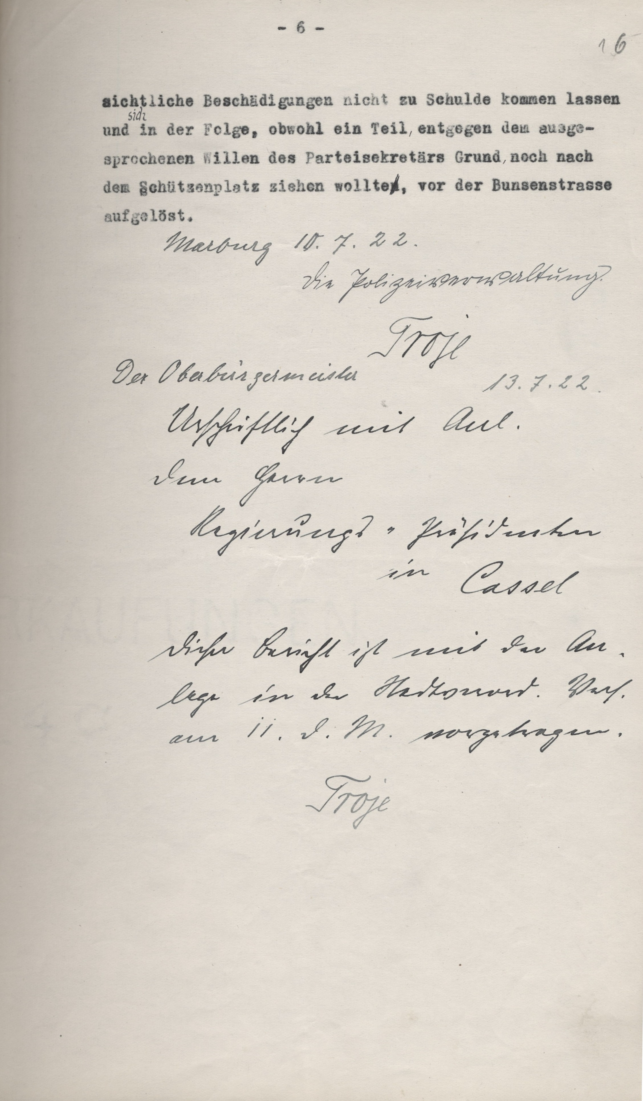 Marburger Demonstration gegen den Rathenaumord vom 4. Juli 1922.  Bericht des Marburger Oberbürgermeisters Paul Troje vom 10. Juli 1922