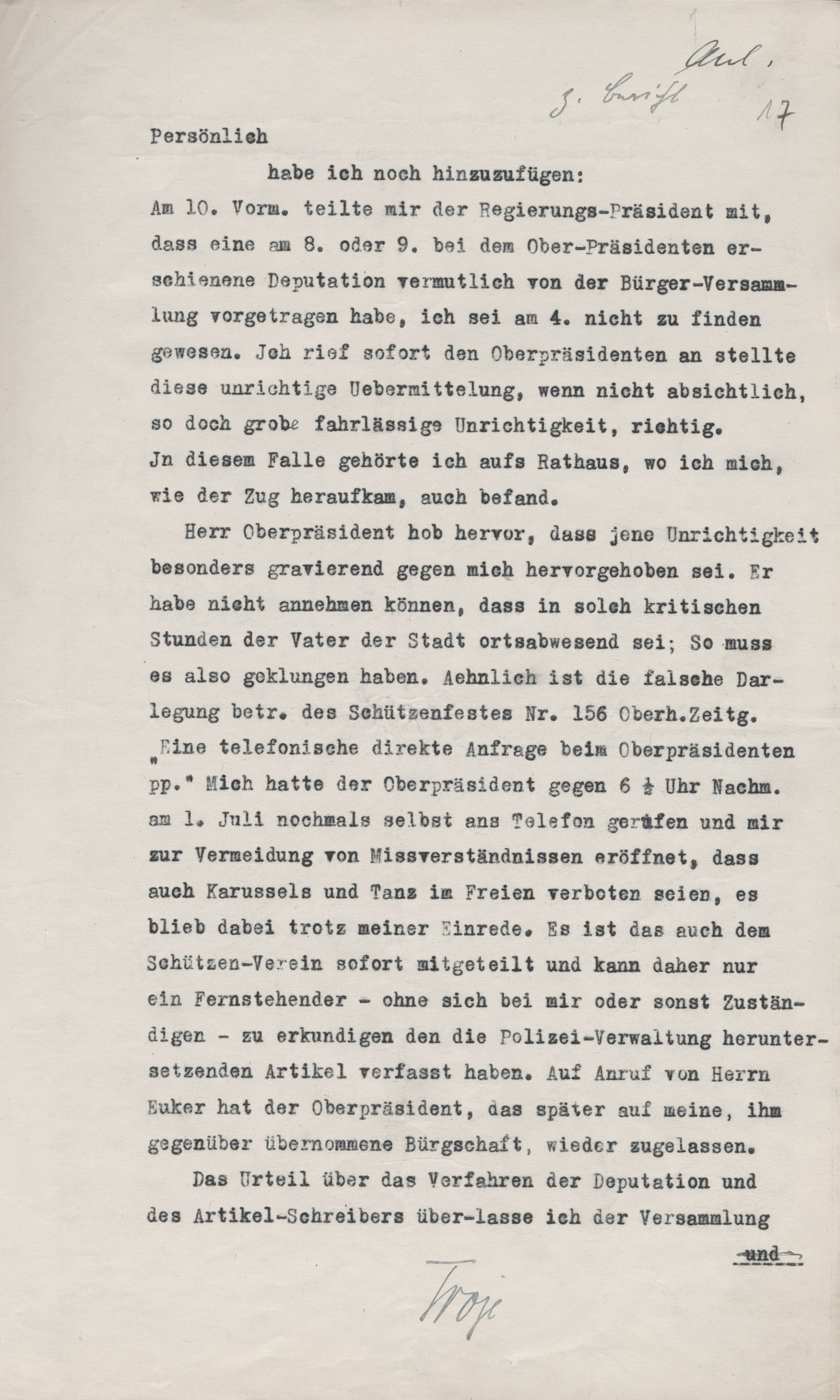 Marburger Demonstration gegen den Rathenaumord vom 4. Juli 1922.  Bericht des Marburger Oberbürgermeisters Paul Troje vom 10. Juli 1922