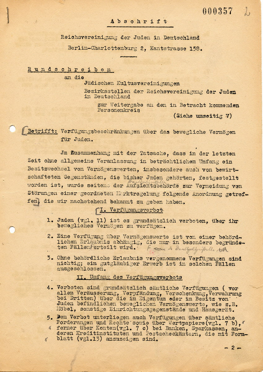 Rundschreiben der Staatspolizeistelle betreffend "Verfügungsbeschränkungen über das bewegliche jüdische Vermögen", 15. Dezember 1941.