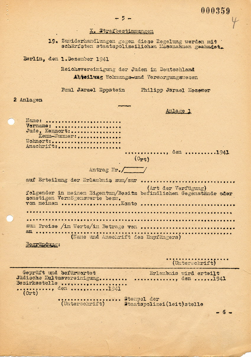 Rundschreiben der Staatspolizeistelle betreffend "Verfügungsbeschränkungen über das bewegliche jüdische Vermögen", 15. Dezember 1941.