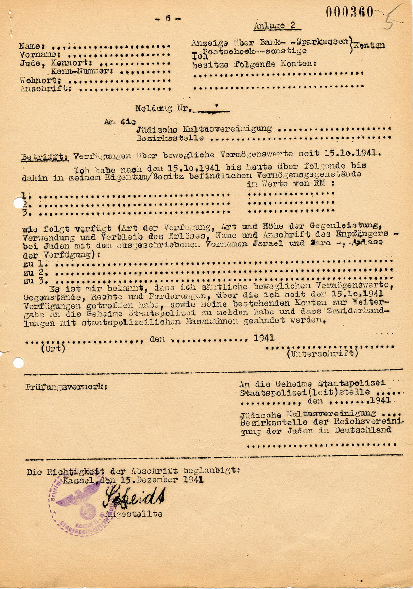 Rundschreiben der Staatspolizeistelle betreffend "Verfügungsbeschränkungen über das bewegliche jüdische Vermögen", 15. Dezember 1941.
