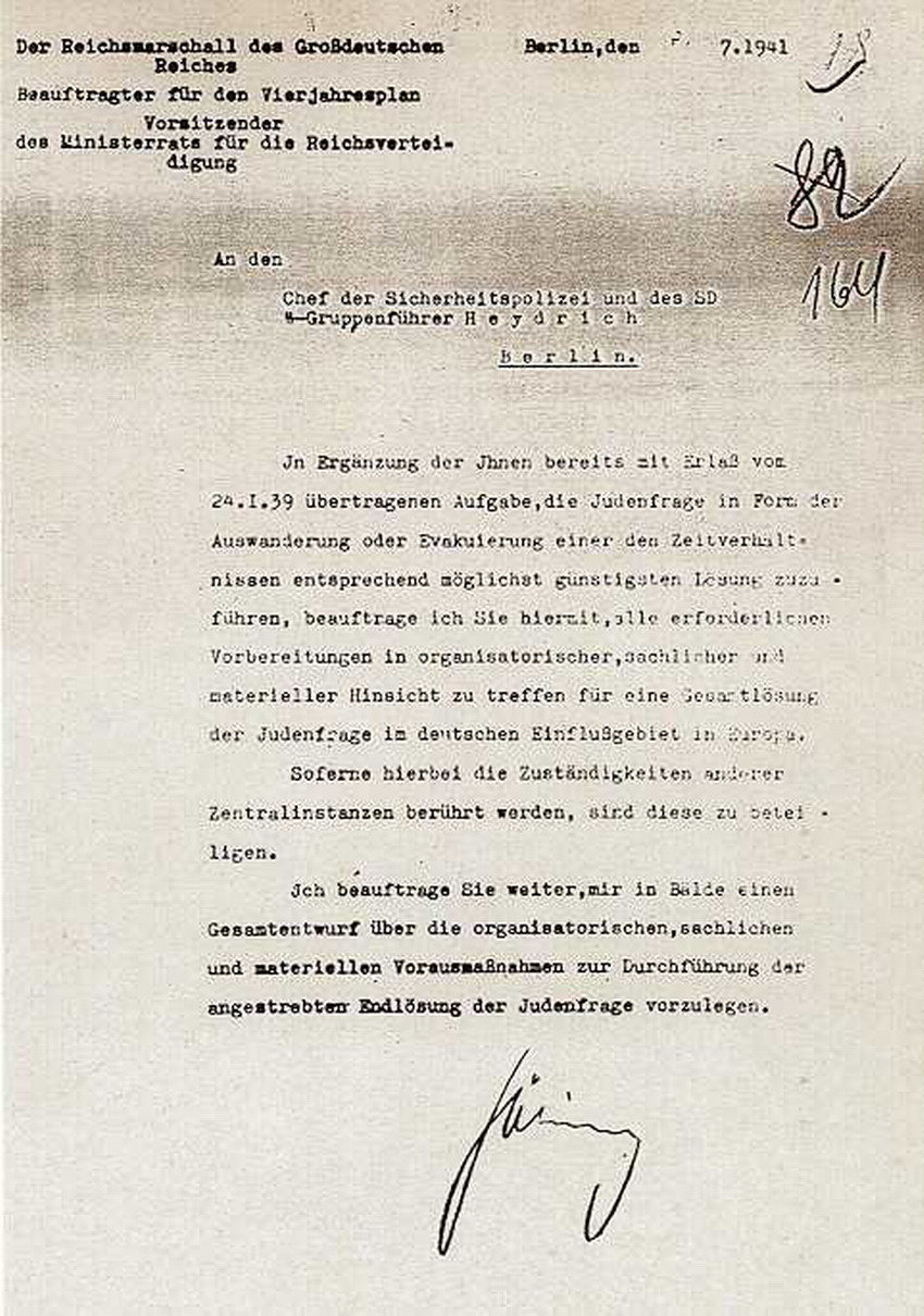 Ermächtigung Hermann Görings für den Chef der Sicherheitspolizei und des SD, SS-Gruppenführer Reinhard Heydrich, zur Vorbereitung einer „Gesamtlösung der Judenfrage" vom 31. Juli 1941