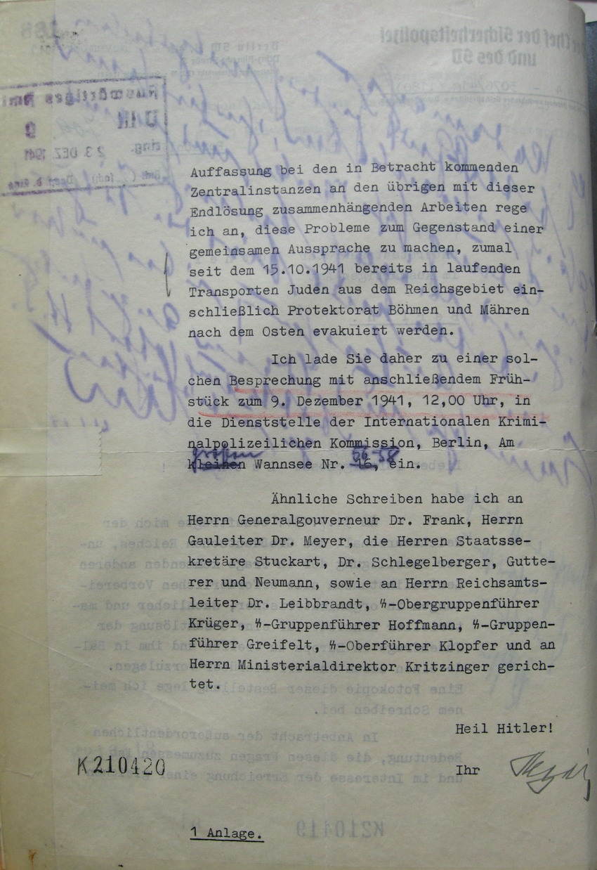 Einladungsschreiben des Chef der Sicherheitspolizei und des SD, Heydrich, an Unterstaatssekretär Martin Luther, Auswärtiges Amt, Einladung zur "Wannsee-Konferenz",  29. November 1941  [+ 8.1.1942]