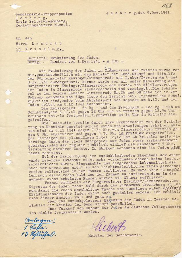 Bericht des Gendarmerie-Postens in Jesberg an den Landrat in Fritzlar. Die Deportationen wurde durchgeführt, 9. Dezember 1941