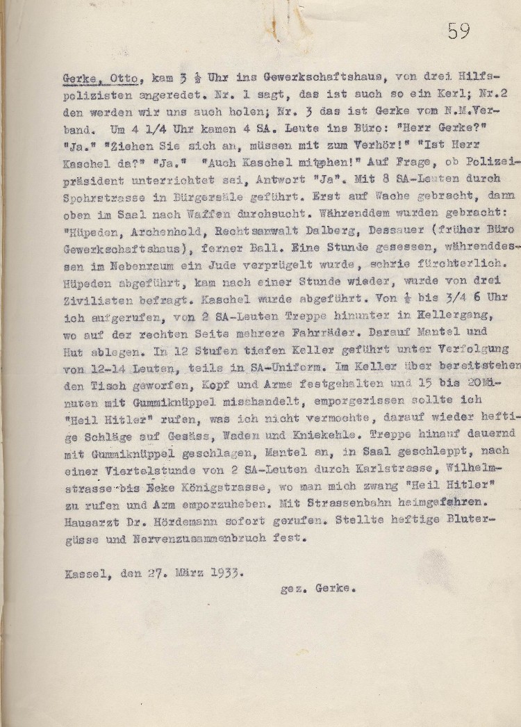 Bericht über Misshandlungen in Aufzeichnungen vom 27.03.1933 
(Anlage zum Schreiben MdL Paul Röhle vom 10.04.1933)