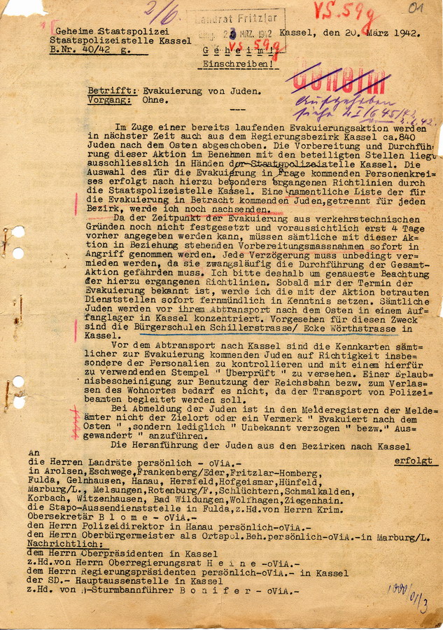 Geheimes Schreiben der GeStaPo Kassel an Landräte, Bürgermeister und Polizei. Vorbereitung der Deportation, 20. März 1942