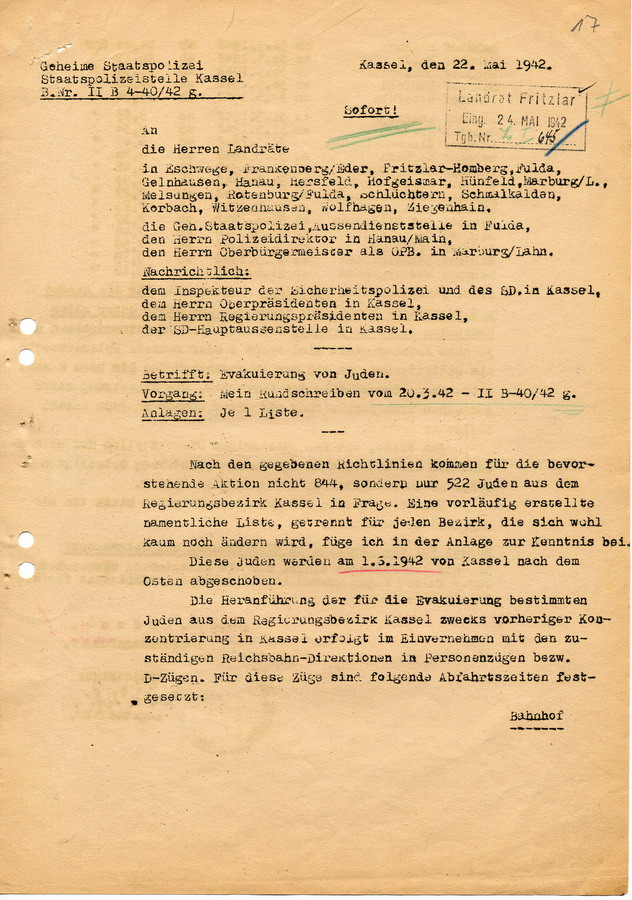 Schreiben der GeStaPo Kassel an Landräte,  Bürgermeister und Polizei. "Evakuierung von Juden"  mit Zügen, Fahrpläne für die Deportationen  22. Mai 1942