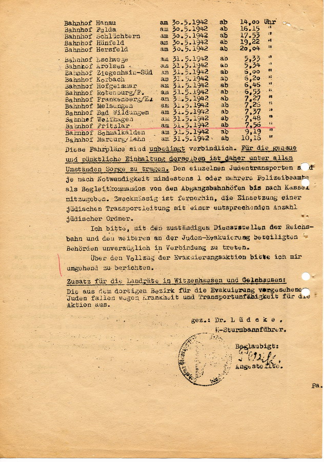 Schreiben der GeStaPo Kassel an Landräte,  Bürgermeister und Polizei. "Evakuierung von Juden"  mit Zügen, Fahrpläne für die Deportationen  22. Mai 1942
