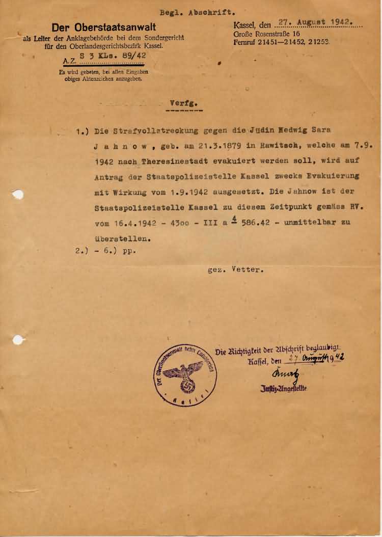 Deportationsverfügung aus der Gefangenenpersonalakte der Hedwig Jahnow, 27. August 1942
