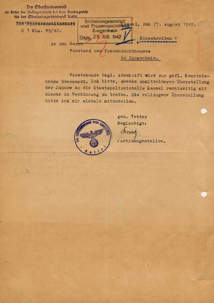 Deportationsverfügung aus der Gefangenenpersonalakte der Hedwig Jahnow, 27. August 1942