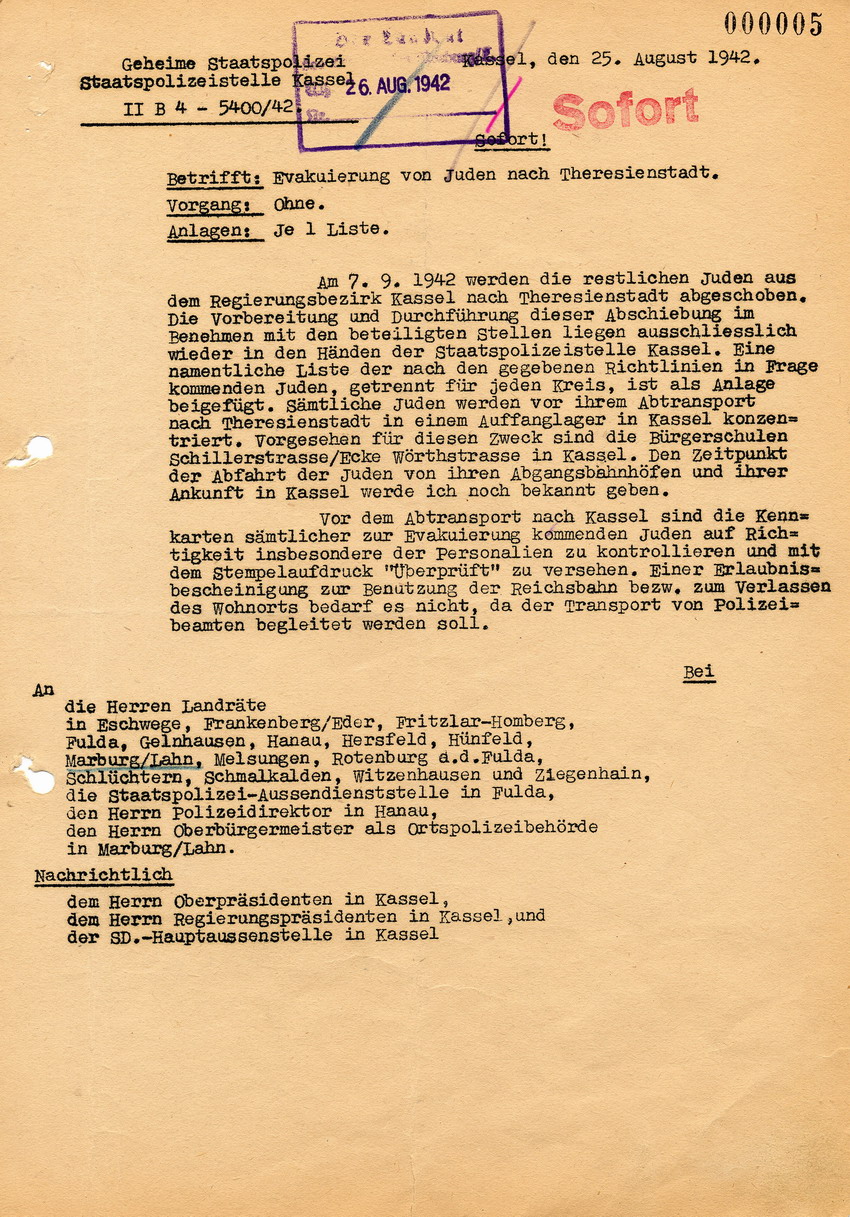 Rundverfügung von Lüdcke von der Staatspolizeistelle Kassel betreffend Vorbereitung der bevorstehenden Deportation nach Theresienstadt über Kassel, 25. August 1942