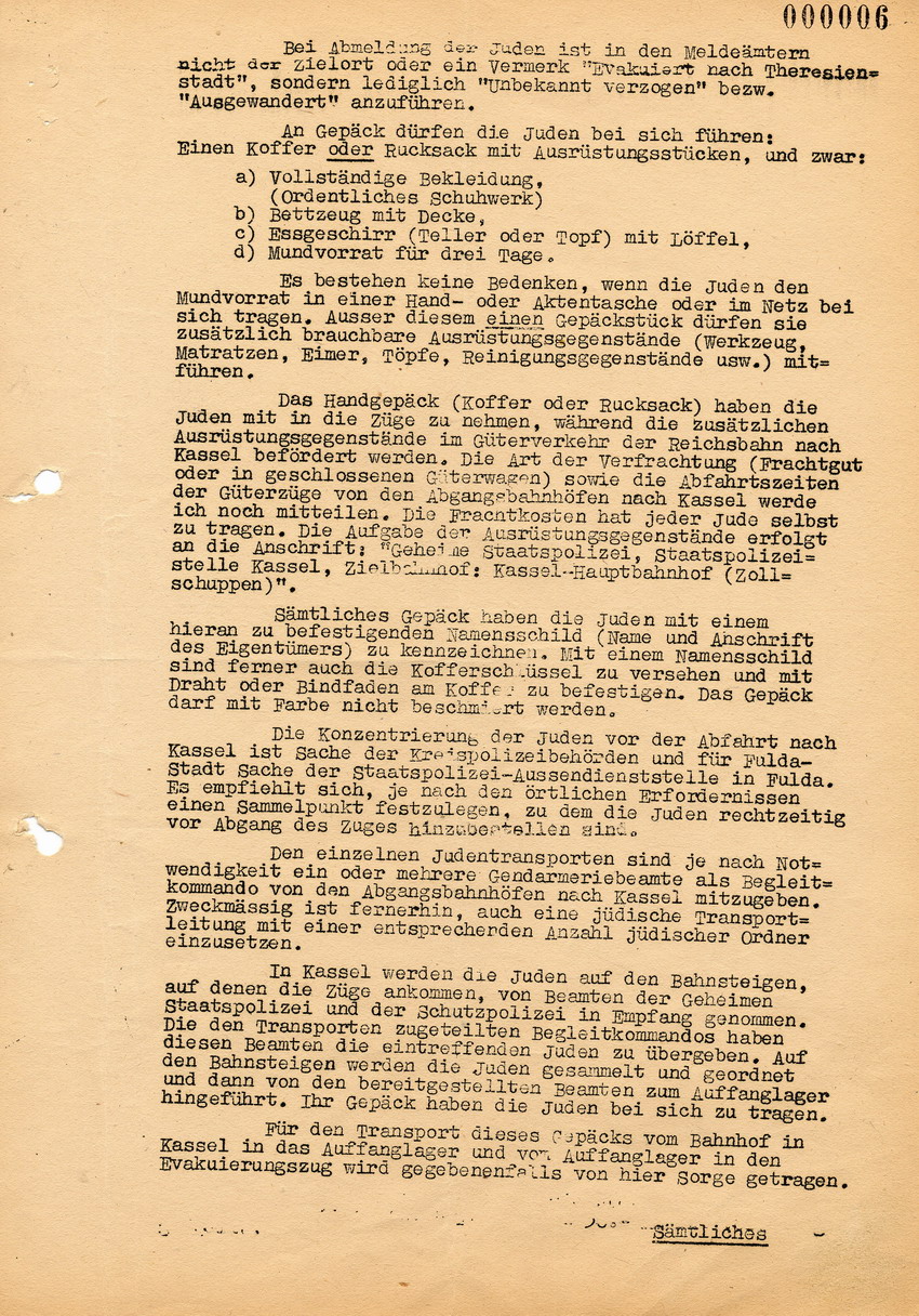 Rundverfügung von Lüdcke von der Staatspolizeistelle Kassel betreffend Vorbereitung der bevorstehenden Deportation nach Theresienstadt über Kassel, 25. August 1942