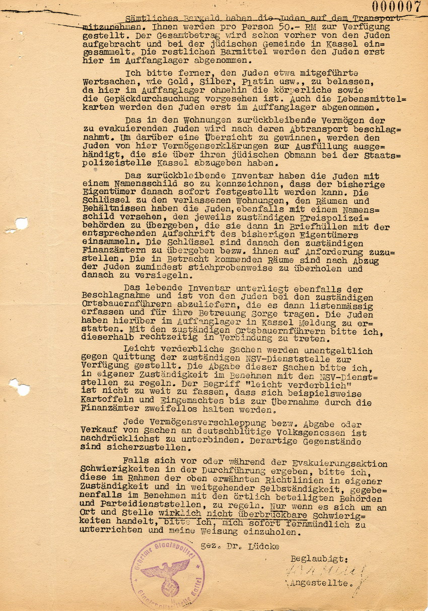 Rundverfügung von Lüdcke von der Staatspolizeistelle Kassel betreffend Vorbereitung der bevorstehenden Deportation nach Theresienstadt über Kassel, 25. August 1942