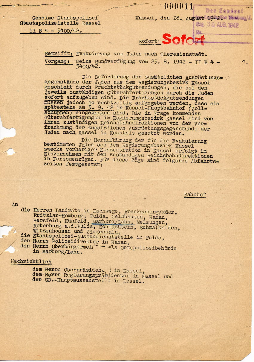 Rundverfügung von Lüdcke von der Staatspolizeistelle Kassel betreffend Vorbereitung der bevorstehenden Deportation von Juden aus dem Regierungsbezirk Kassel über Kassel nach Theresienstadt, 28. August 1942.