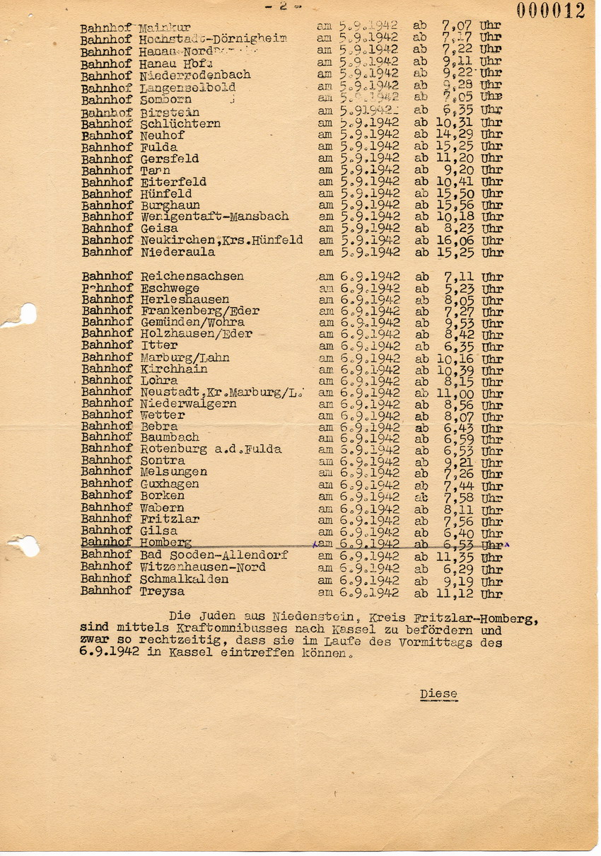 Rundverfügung von Lüdcke von der Staatspolizeistelle Kassel betreffend Vorbereitung der bevorstehenden Deportation von Juden aus dem Regierungsbezirk Kassel über Kassel nach Theresienstadt, 28. August 1942.