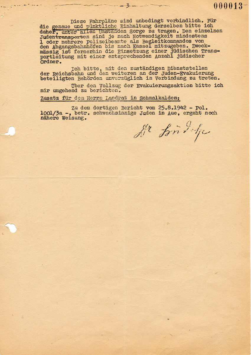 Rundverfügung von Lüdcke von der Staatspolizeistelle Kassel betreffend Vorbereitung der bevorstehenden Deportation von Juden aus dem Regierungsbezirk Kassel über Kassel nach Theresienstadt, 28. August 1942.