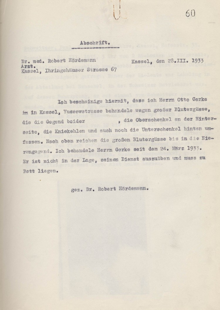 Anschrift der Ärztl. Bescheinigung vom 28.03.1933 für Otto Gerke
(Anlage zum Schreiben MdL Paul Röhle vom 10.04.1933)