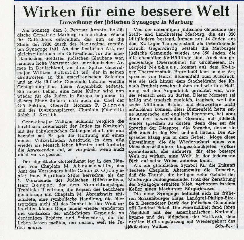 Zeitungsartikel über die Neugründung der jüdischen Synagoge in Marburg