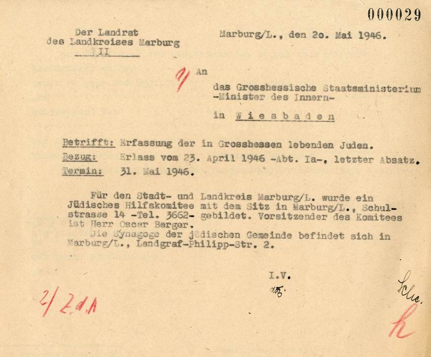 Schreiben des Landrats des Landkreises Marburg an das hessische Innenministerium über die Gründung eines Jüdischen Hilfskomitees in Marburg