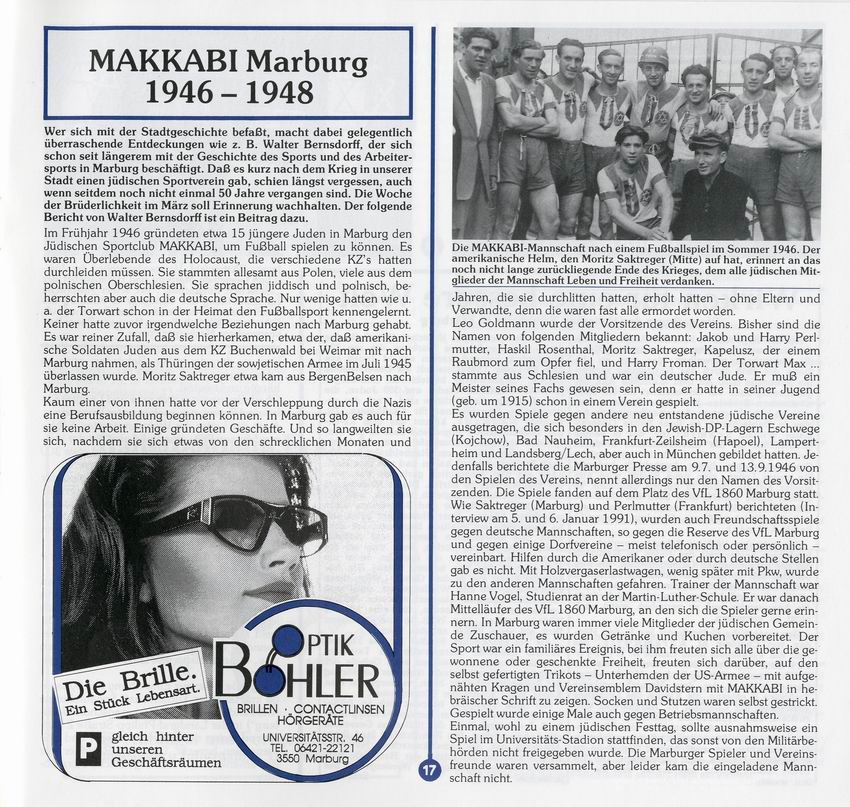 Artikel über den jüdischen Fussballverein "Makkabi Marburg" 1946 - 1948