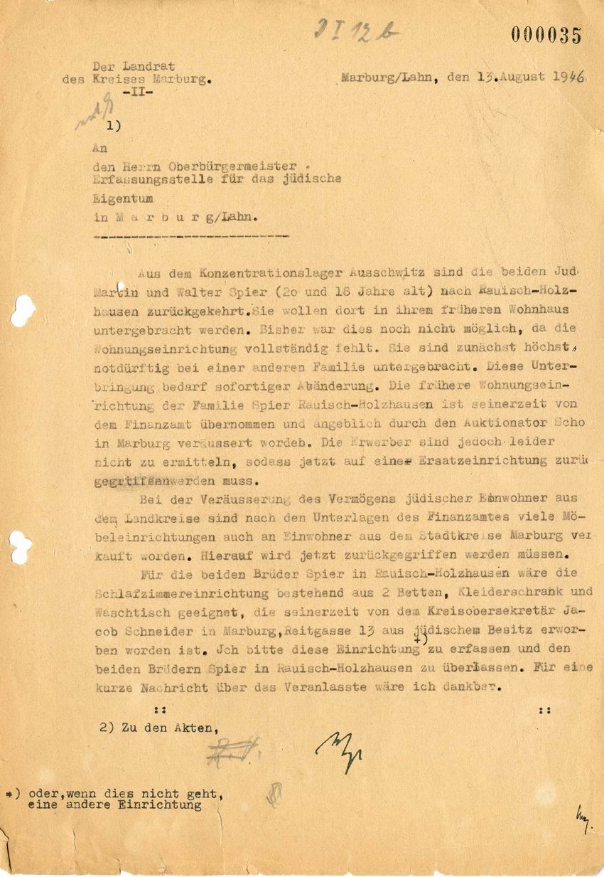 Schreiben des Landratsamts des Landkreises Marburg an die Erfassungsstelle für das jüdische Eigentum beim Oberbürgermeister der Stadt Marburg über Rückerstattung beschlagnahmter und verkaufter Wohnungseinrichtungen an Überlebende
