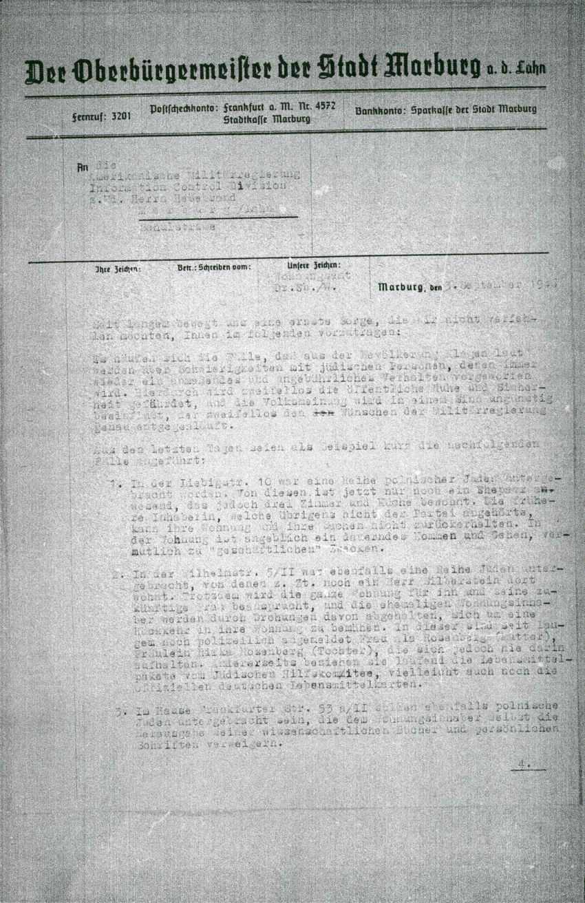 Bericht vom Leiter des Wohnungsamts der Stadt Marburg an den Vertreter der amerikanischen Militärregierung in Marburg über ungebührliches Betragen von überlebenden NS-Opfern in Marburg