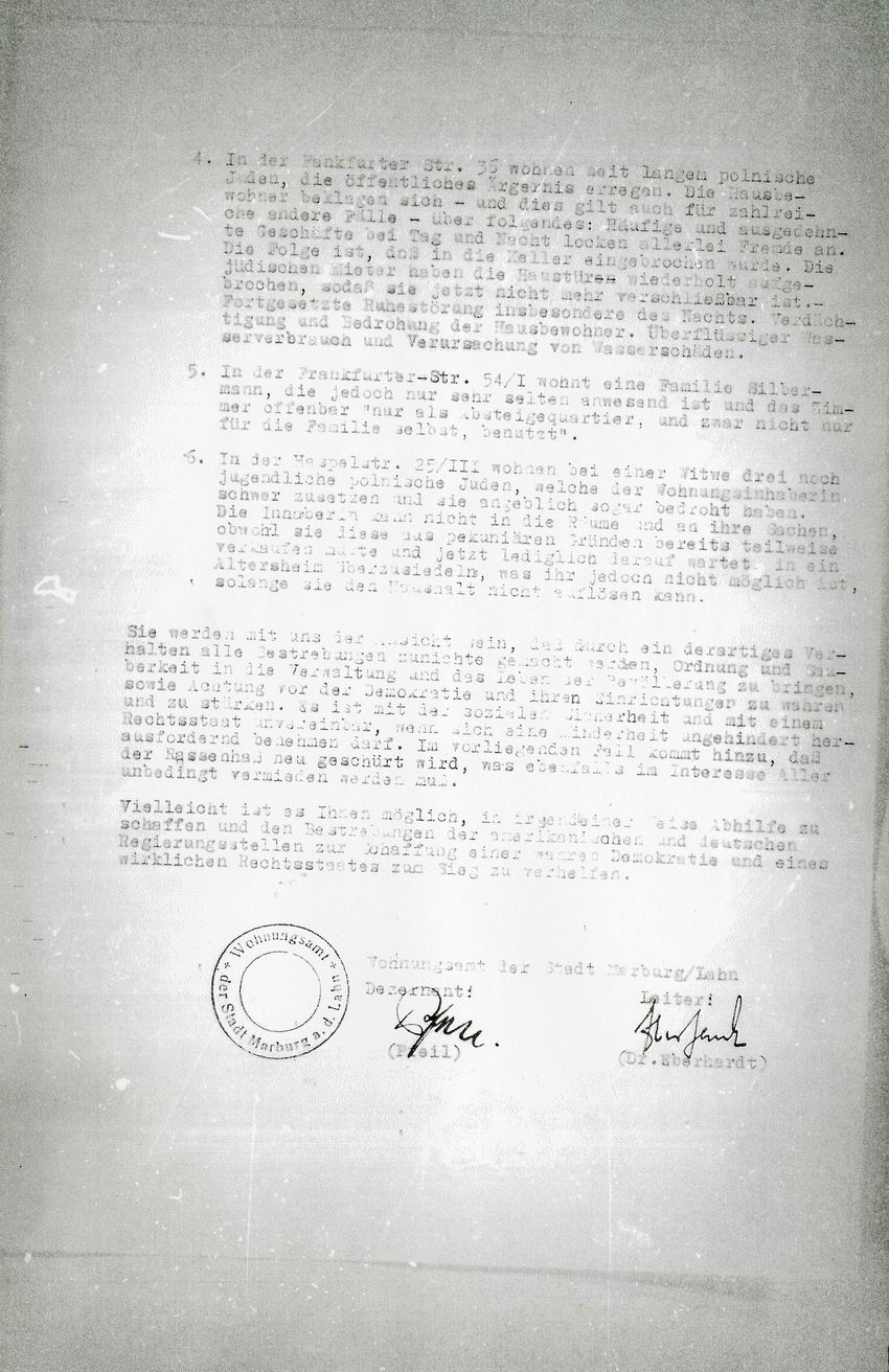 Bericht vom Leiter des Wohnungsamts der Stadt Marburg an den Vertreter der amerikanischen Militärregierung in Marburg über ungebührliches Betragen von überlebenden NS-Opfern in Marburg