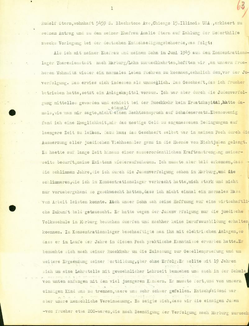 Bericht des Überlebenden Rudolf Stern über die Lebensbedingungen nach seiner Rückkehr in die alte Heimat Ockershausen