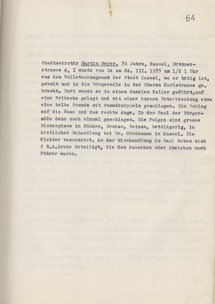 Beschreibung von Misshandlungen
(Anlage zum Schreiben MdL Paul Röhle vom 10.04.1933)